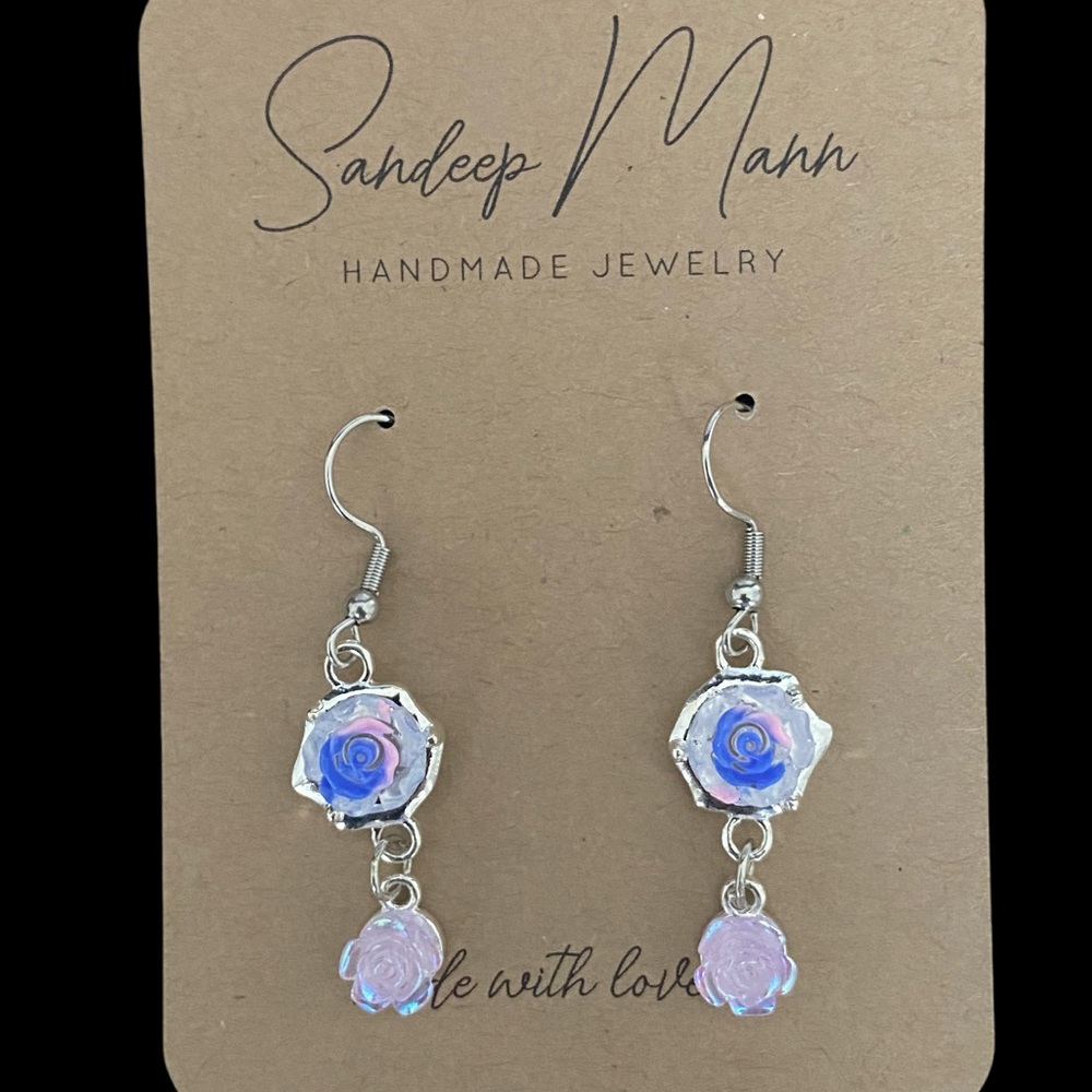 Handmade blue and pink flower earrings